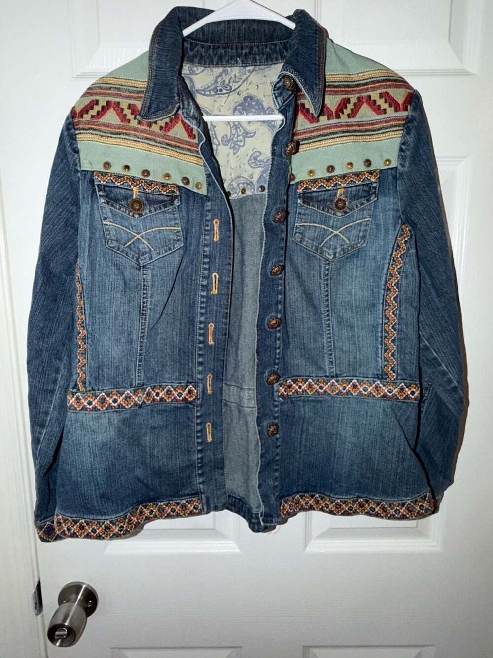 Coldwater Creek Embroidered Denim Jacket Southwestern Aztec Studded Women’s Jack